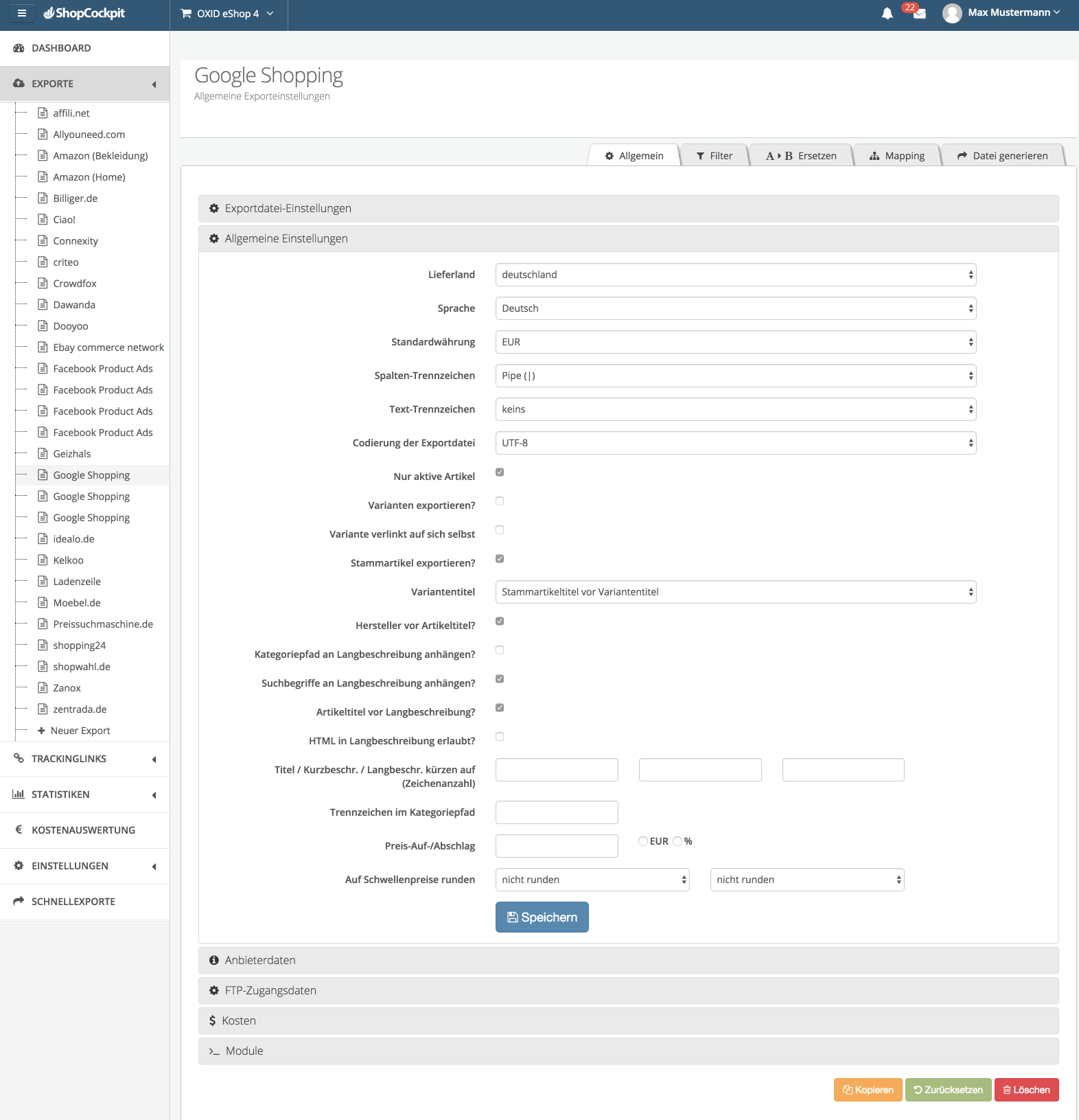 Google Shopping Exporte bearbeiten mit Shopcockpit